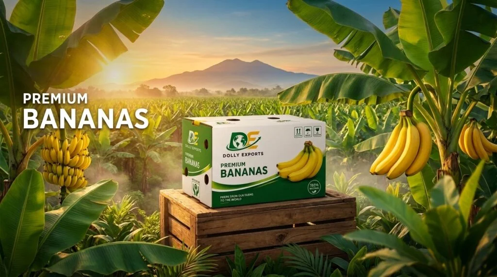 Banana plantation at sunrise with Dolly Exports carton