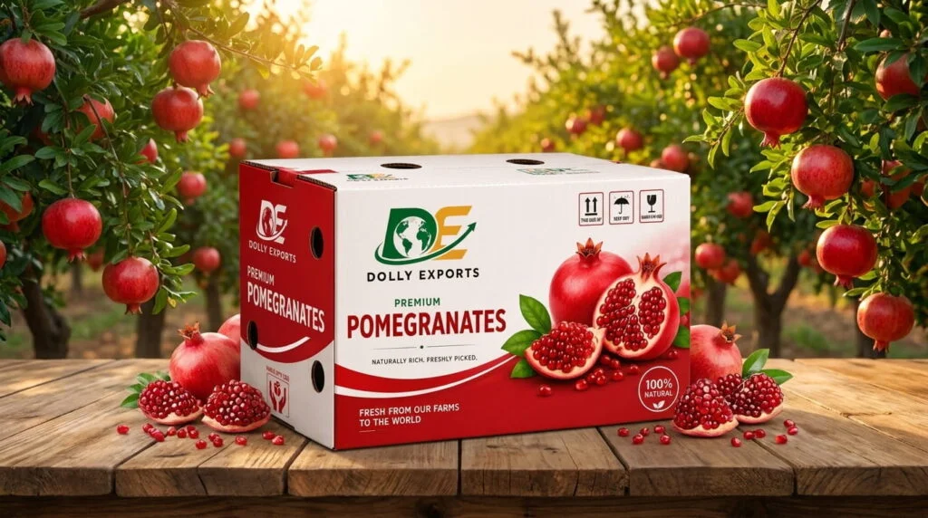 Pomegranate orchard with Dolly Exports pomegranate carton