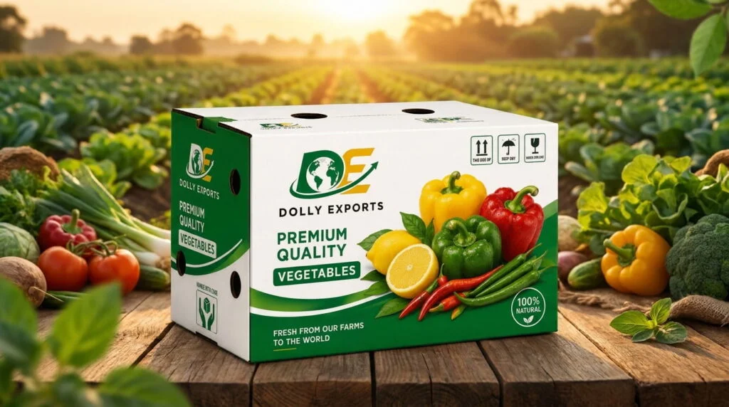 Vegetable fields at golden hour with Dolly Exports vegetable carton
